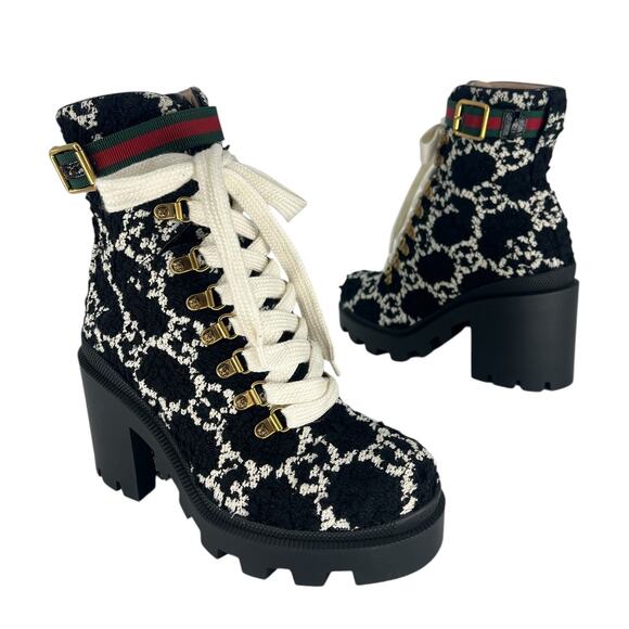 Gucci Tweed GG Monogram Lace Up Combat Ankle Boots - Picture 2 of 15